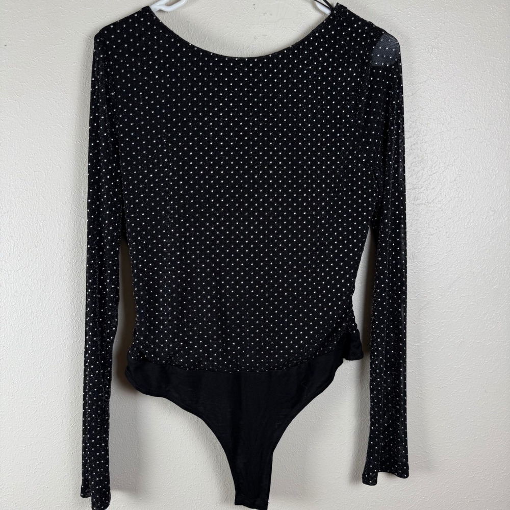 VICI Womens Black Silver Metallic Polka Dot Cowl Back Bodysuit Large